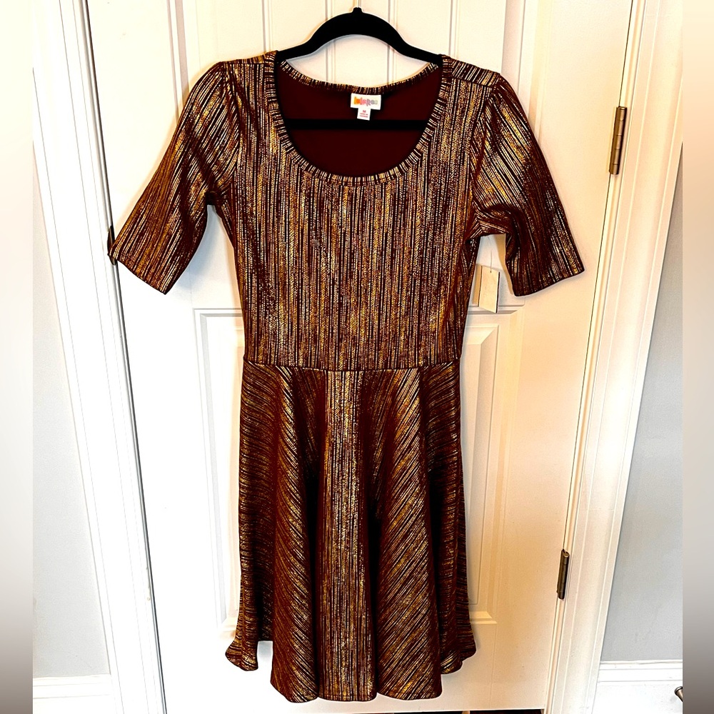 Nicole Dress Lularoe - Brown with Gold Stripes - Size M